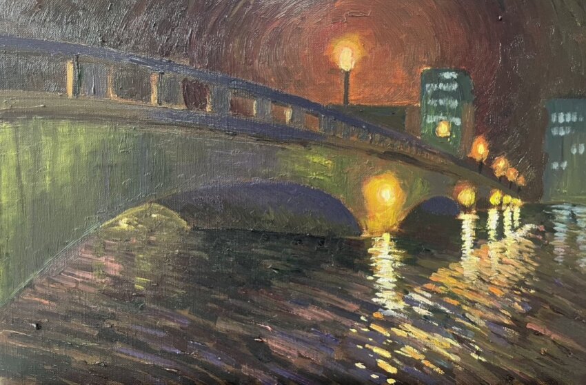 bridge building hinata_orcat lamppost night night_sky no_humans oil_painting_(medium) original painting_(medium) railing reflection reflective_water sky traditional_media wall_lamp water