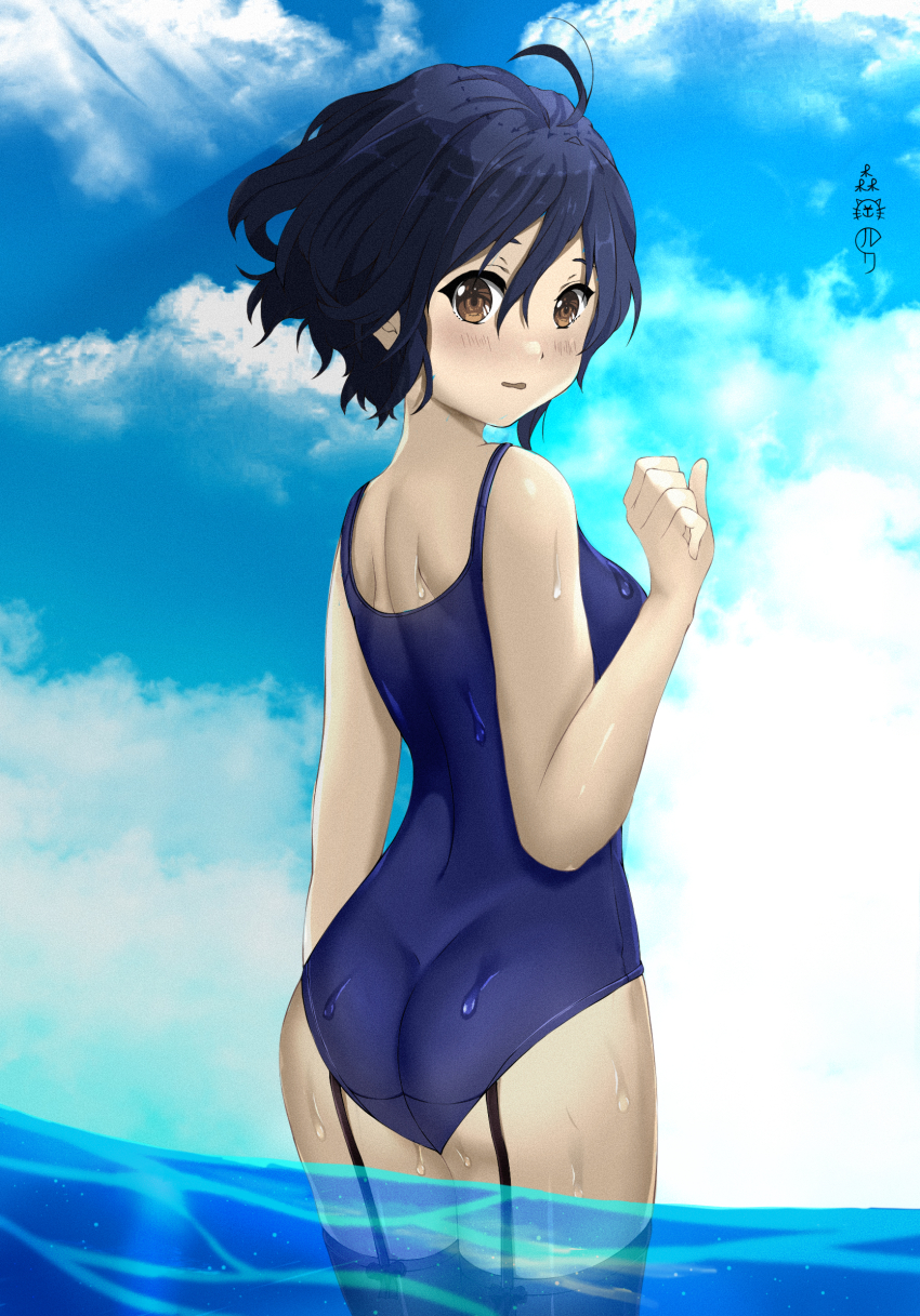 1girl 22/7 ahoge artist_name blue_hair brown_eyes dark_blue_hair from_behind hand_up highres looking_at_viewer looking_back morinomiya_ruri ocean partially_submerged school_swimsuit short_hair solo swimsuit takigawa_miu wavy_hair