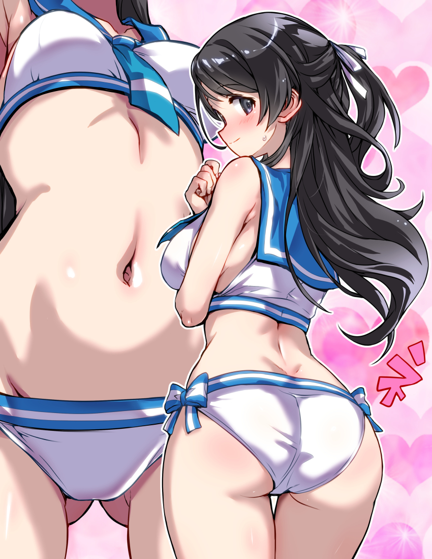 1girl absurdres alternate_costume armpits ass black_hair blush breasts close-up dimples_of_venus gluteal_fold groin half_updo hashtag-only_commentary heart heart_background highres hirowa_nagi idolmaster idolmaster_cinderella_girls kurihara_nene linea_alba long_hair looking_at_viewer looking_back median_furrow medium_breasts multiple_views navel outline sailor_bikini sailor_collar sailor_swimsuit_(idolmaster) smile stomach stomach_day sweatdrop thigh_gap very_long_hair white_outline