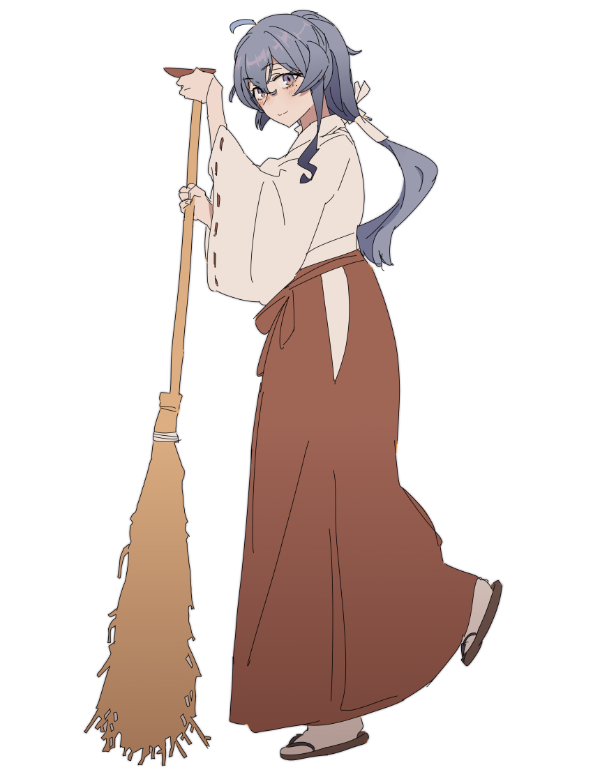 1girl absurdres alternate_costume anotsugini_kuruji blush broom closed_mouth commentary_request full_body gotland_(kancolle) hair_between_eyes hair_ribbon hakama highres holding holding_broom japanese_clothes kantai_collection long_hair looking_at_viewer miko mole mole_under_eye purple_eyes red_hakama ribbon ribbon-trimmed_sleeves ribbon_trim simple_background solo standing standing_on_one_leg white_background white_ribbon wide_sleeves