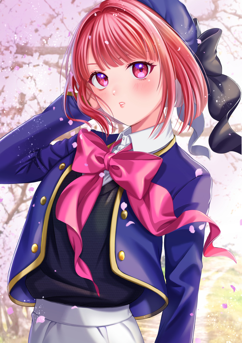 1girl arima_kana beret black_sweater_vest blue_hat blue_vest bob_cut cherry_blossoms falling_petals grey_skirt hat hat_ribbon highres inverted_bob kemurikemu light_blush looking_at_viewer oshi_no_ko petals pink_ribbon red_eyes red_hair ribbon school_uniform short_hair skirt solo sweater_vest upper_body vest youtou_high_school_uniform