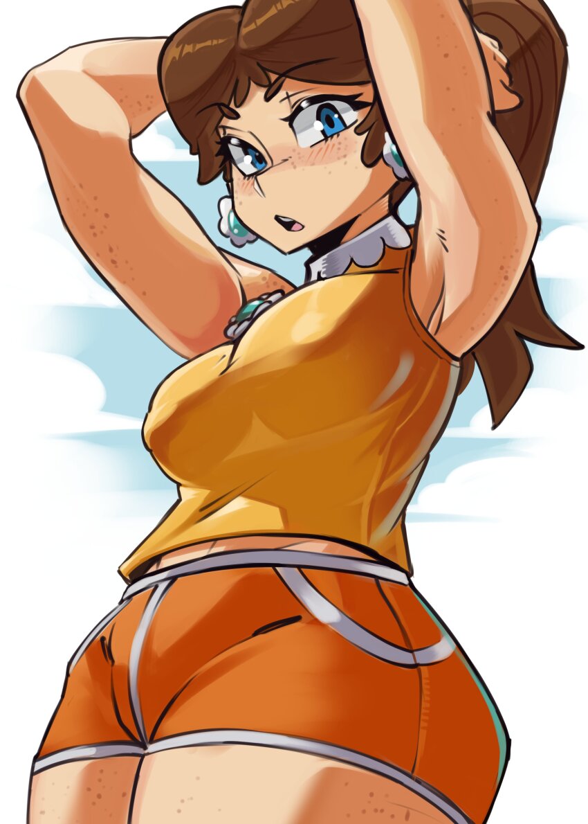 1girl absurdres alternate_hairstyle armpits arms_behind_head blue_eyes breasts brooch brown_hair covered_erect_nipples earrings flower_earrings freckles highres jewelry large_breasts looking_at_viewer mario_(series) mario_golf mario_tennis moxydraws nintendo orange_shorts ponytail princess_daisy short_shorts shorts tank_top tomboy yellow_tank_top