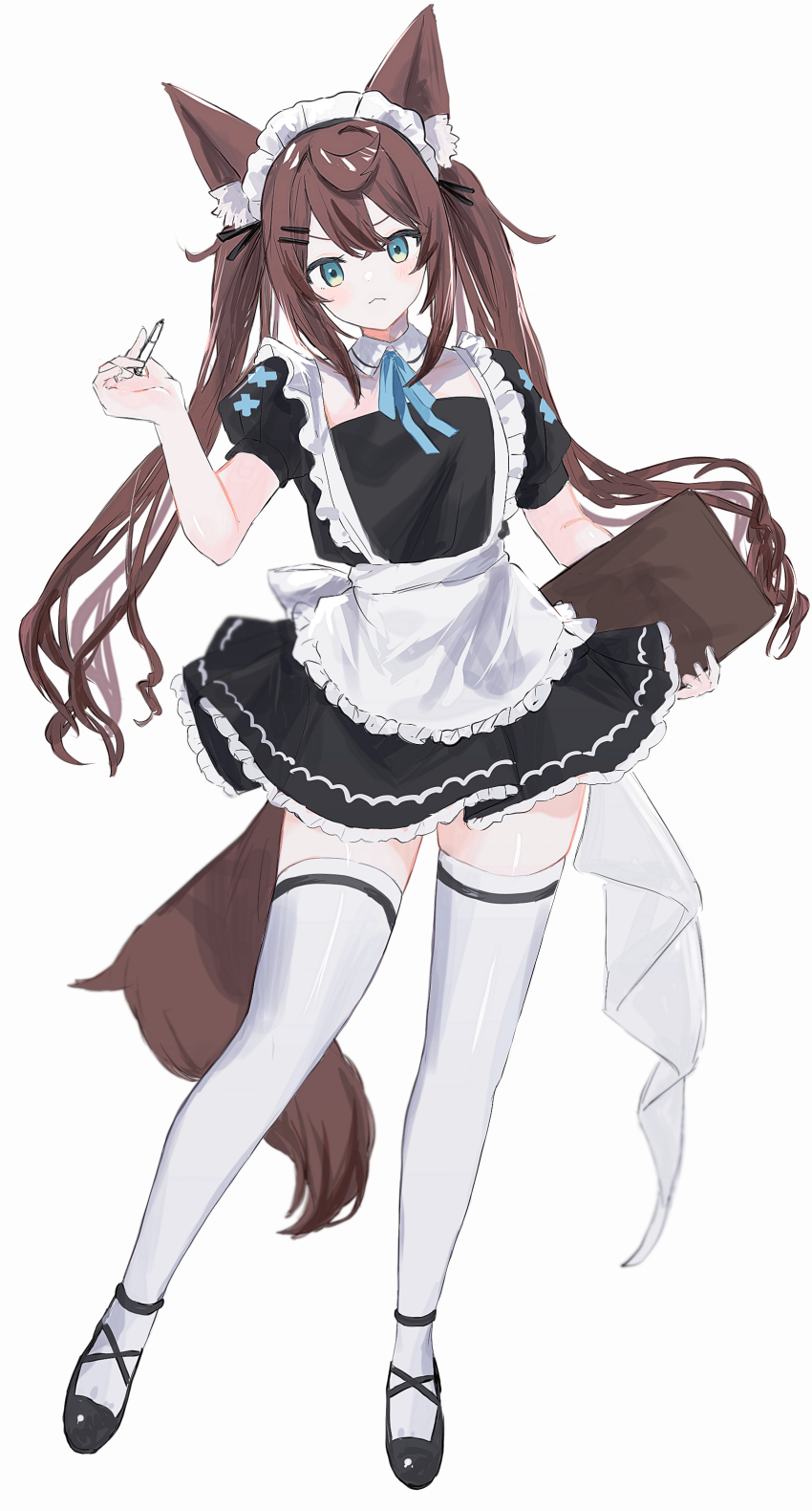 1girl :&lt; absurdres alternate_costume animal_ear_fluff animal_ears ankle_strap apron black_footwear brown_hair clipboard closed_eyes closed_mouth collarbone commentary_request contrapposto detached_collar enmaided frills full_body green_eyes hair_between_eyes hair_ornament highres holding holding_clipboard kohaku_sogo long_hair looking_at_viewer maid maid_apron maid_headdress original short_sleeves simple_background solo tail thighhighs twintails v-shaped_eyebrows white_background white_thighhighs