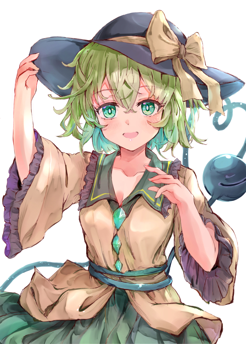 1girl absurdres black_hat blouse blush bow buttons diamond_button frilled_shirt_collar frilled_sleeves frills green_eyes green_hair green_skirt hat hat_bow hat_ribbon heart heart_of_string highres ikazuchi_akira komeiji_koishi long_sleeves looking_at_viewer open_mouth ribbon shirt short_hair simple_background skirt smile solo third_eye touhou upper_body white_background wide_sleeves yellow_bow yellow_ribbon yellow_shirt