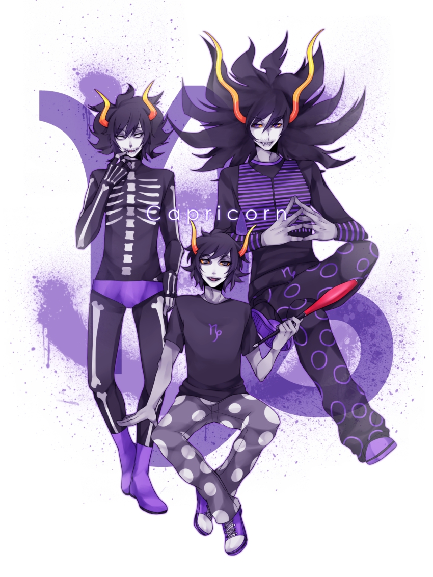 3boys black_hair bone capricorn_(symbol) capricorn_(zodiac) colored_sclera colored_skin dual_persona facepaint fangs gamzee_makara grand_highblood grey_skin highres homestuck horns kurloz_makara makeup male_focus messy_hair multiple_boys open_mouth polka_dot polka_dot_legwear purple_eyes sharp_teeth short_hair sitting smile teeth ti9931 turtleneck weapon yellow_sclera zodiac