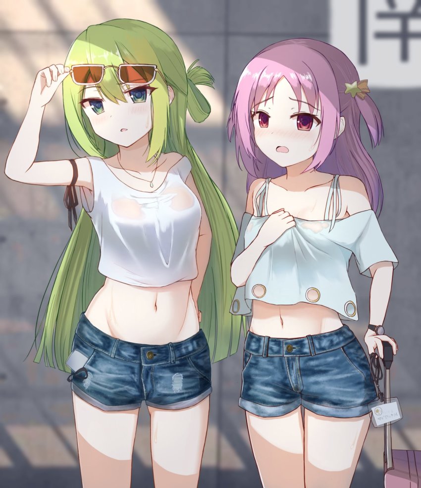 2girls alina_gray aqua_eyes blunt_ends blush denim denim_shorts eyewear_on_head green_hair hair_between_eyes hair_ornament hair_ribbon hair_rings highres long_hair magia_record:_mahou_shoujo_madoka_magica_gaiden mahou_shoujo_madoka_magica medium_hair misono_karin multicolored_hair multiple_girls orange_ribbon parted_bangs parted_hair pasta_spaghetti purple_eyes purple_hair ribbon shirt shorts sidelocks single_hair_ring star_(symbol) star_hair_ornament straight_hair streaked_hair sunglasses two_side_up very_long_hair white_shirt