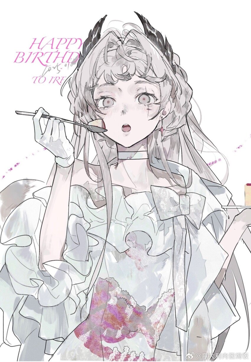 1girl arknights bow cake chinese_commentary choker commentary_request cross_scar dated dress earrings eating english_text food gloves grey_eyes grey_hair hair_intakes happy_birthday head_wings highres holding holding_plate holding_spoon irene_(arknights) jewelry open_mouth paopp9961 pink_pupils plate scar scar_across_eye scar_on_face solo spoon upper_body white_background white_bow white_choker white_dress white_gloves wings