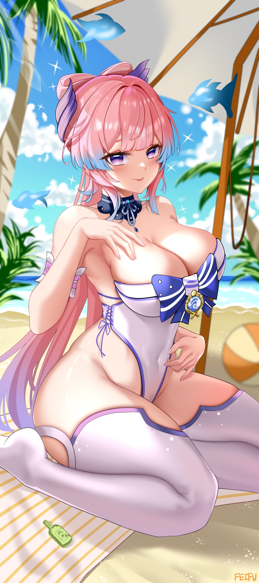 1girl absurdres alternate_costume armpits artist_name ball beach beach_umbrella beachball blue_sky blunt_bangs bow-shaped_hair breasts choker closed_mouth cloud colored_tips day detached_sleeves feifu genshin_impact hand_up highleg highleg_one-piece_swimsuit highres horns koi lace-trimmed_choker lace_trim large_breasts looking_at_viewer low_neckline multicolored_hair one-piece_swimsuit palm_tree pink_hair purple_eyes purple_horns sangonomiya_kokomi seiza short_sleeves side-tie_swimsuit sitting sky smile solo sparkle strapless strapless_one-piece_swimsuit swimsuit thighhighs tree umbrella white_one-piece_swimsuit white_thighhighs