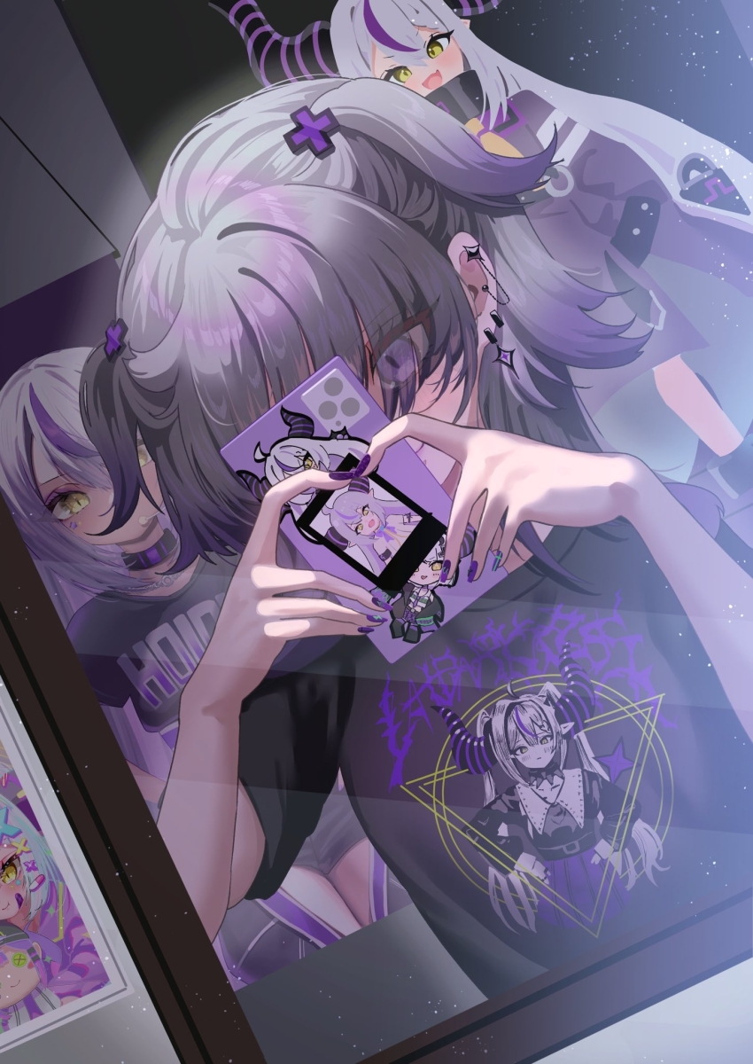 1girl black_shirt cellphone character_print earrings gradient_hair grey_hair heart heart_hands highres holding holding_phone hololive horns jewelry la+_darknesss medium_hair multicolored_hair multiple_earrings nail_polish original phone purple_eyes purple_hair purple_nails shirt siranami_eight smile solo t-shirt two_side_up virtual_youtuber