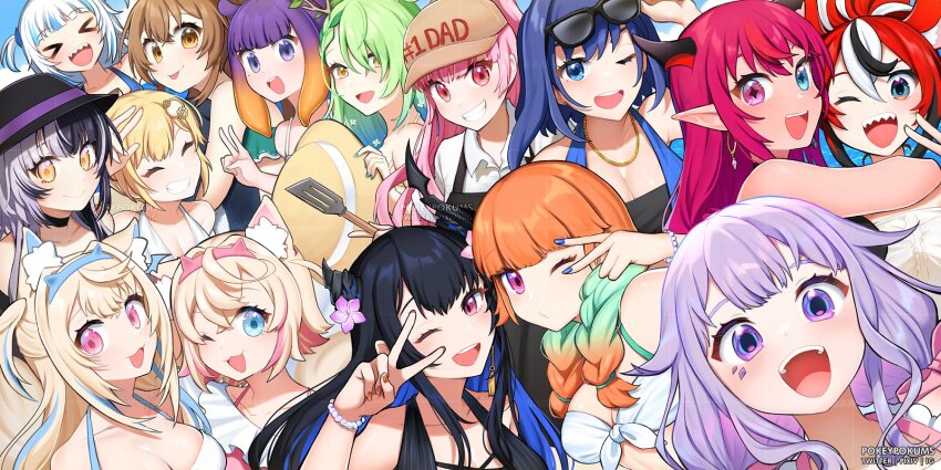 6+girls animal_ears antlers blonde_hair breasts ceres_fauna cleavage dog_ears dog_girl earrings everyone feathers fuwawa_abyssgard gawr_gura green_hair grey_hair group_picture hakos_baelz highres holoadvent holocouncil hololive hololive_english holomyth horns irys_(hololive) jewelry koseki_bijou long_hair mococo_abyssgard mori_calliope multicolored_hair multiple_girls nanashi_mumei nerissa_ravencroft ninomae_ina&#039;nis orange_hair ouro_kronii pokey purple_eyes shiori_novella siblings swimsuit takanashi_kiara twins two-tone_hair v virtual_youtuber watson_amelia