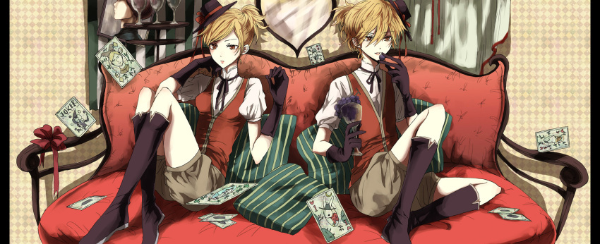 1boy 1girl bad_id bad_pixiv_id blonde_hair boots brother_and_sister couch glass gloves grap hat highres kagamine_len kagamine_rin pillow red_upholstery short_hair siblings sitting smile twins vocaloid yellow_eyes yuki_(fuguneko)