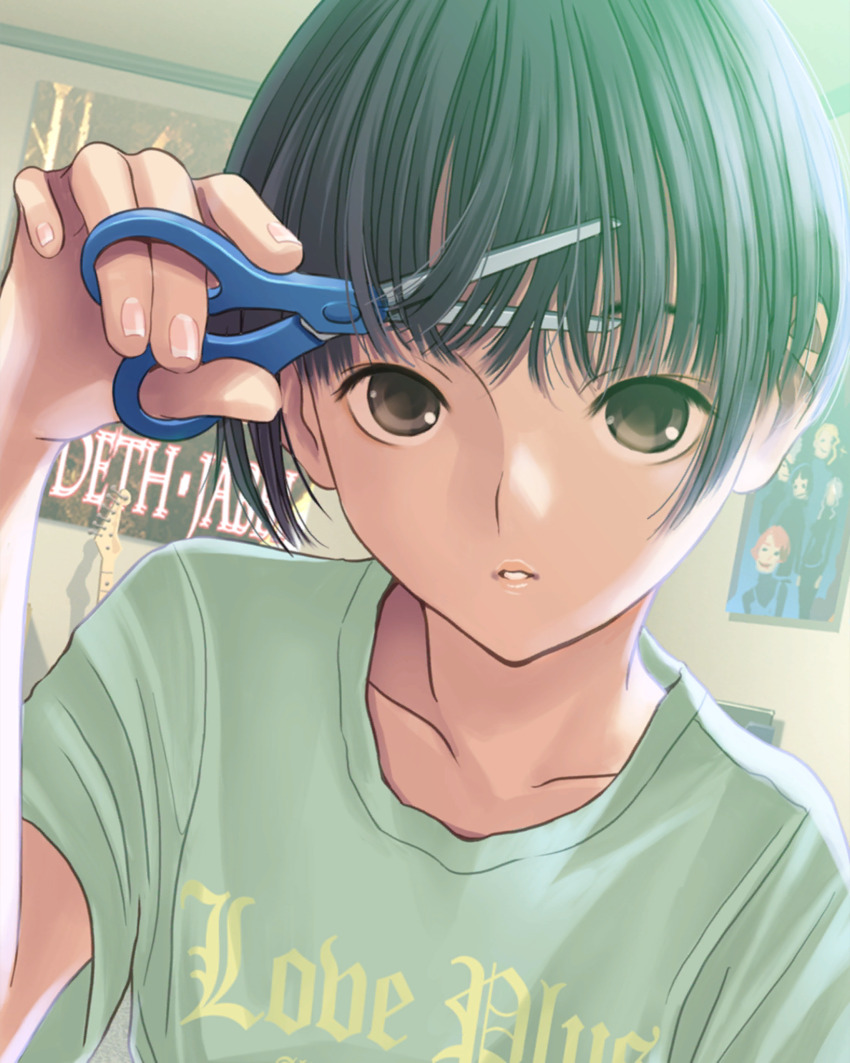 1girl black_eyes black_hair collarbone cutting_hair cutting_own_hair green_shirt hand_up highres holding holding_scissors indoors kobayakawa_rinko love_plus official_art parted_lips poster_(object) print_shirt scissors shirt short_hair short_sleeves solo