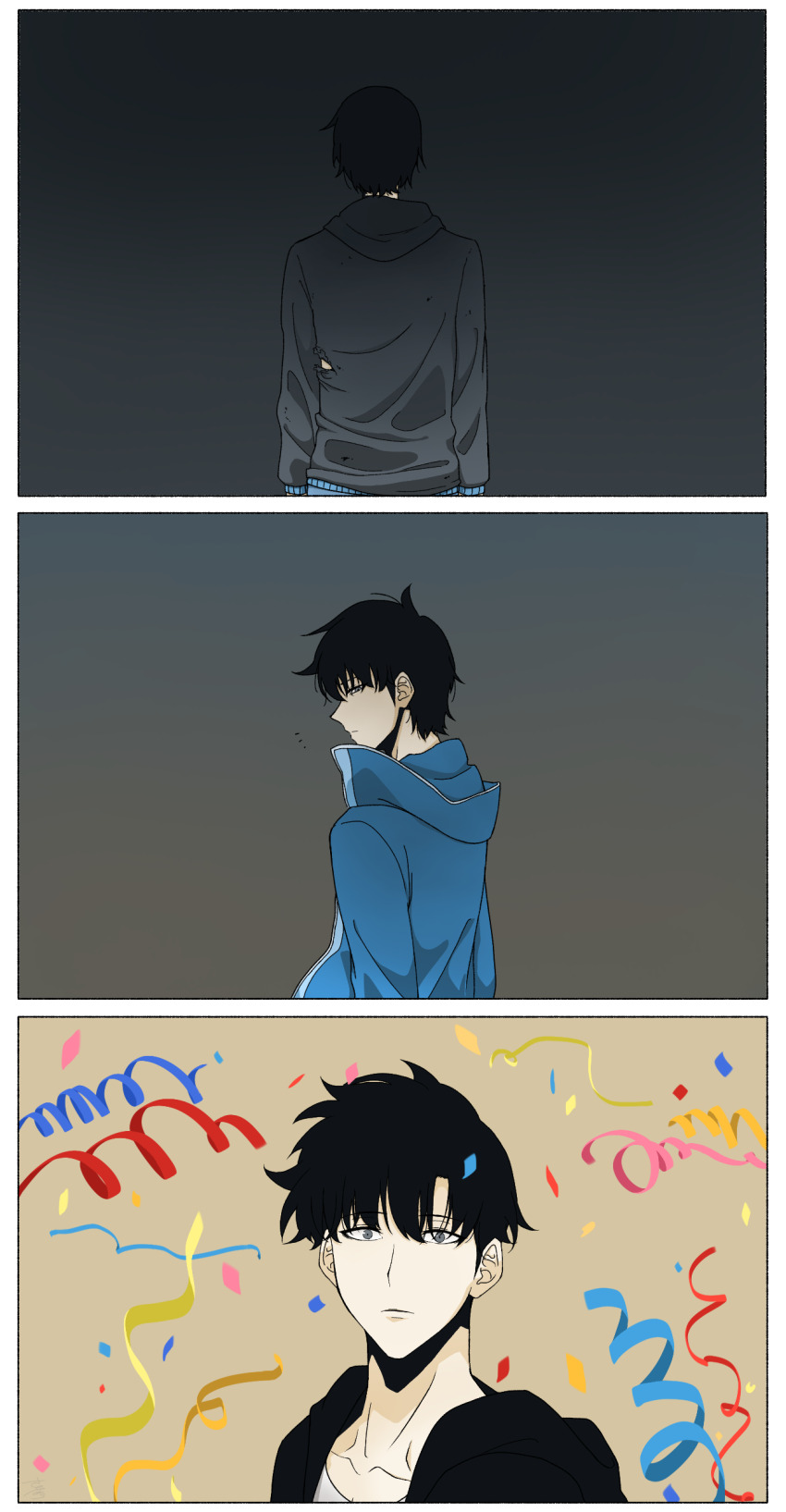 1boy absurdres black_hair black_hoodie blue_jacket confetti gradient_background grey_eyes grey_hoodie hair_between_eyes highres hood hood_down hoodie jacket looking_back male_focus ririka-117242623 shirt short_hair simple_background solo_leveling sung_jin-woo surprised torn_clothes torn_hoodie white_shirt