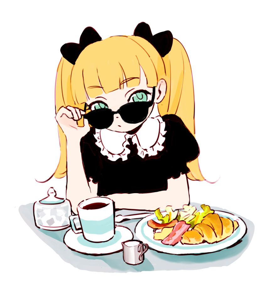 1girl adjusting_eyewear aqua_eyes arm_rest bacon black_bow blonde_hair blunt_bangs bow breakfast closed_mouth coffee creamer_(vessel) croissant cup dated_commentary drink elbow_rest food frilled_shirt_collar frilled_sleeves frills hair_bow hand_on_eyewear hand_up highres idolmaster idolmaster_cinderella_girls iwashi_iwashimo long_hair looking_at_viewer looking_over_eyewear mary_cochran meal plate puffy_short_sleeves puffy_sleeves salad saucer short_sleeves simple_background solo sugar_bowl sunglasses teacup twintails upper_body white_background