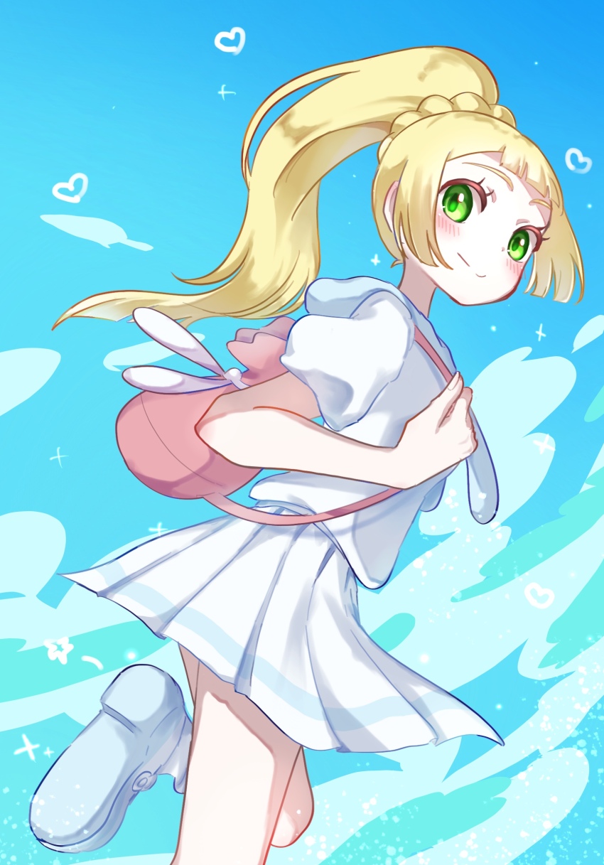 1girl backpack bag blonde_hair blue_background blush closed_mouth creatures_(company) eyelashes from_side game_freak green_eyes high_ponytail highres leg_up lillie_(pokemon) long_hair looking_at_viewer nintendo pleated_skirt pokemon pokemon_sm ponytail shirt shoes short_sleeves skirt solo water white_shirt white_shoes white_skirt yubo_(yubo_san)