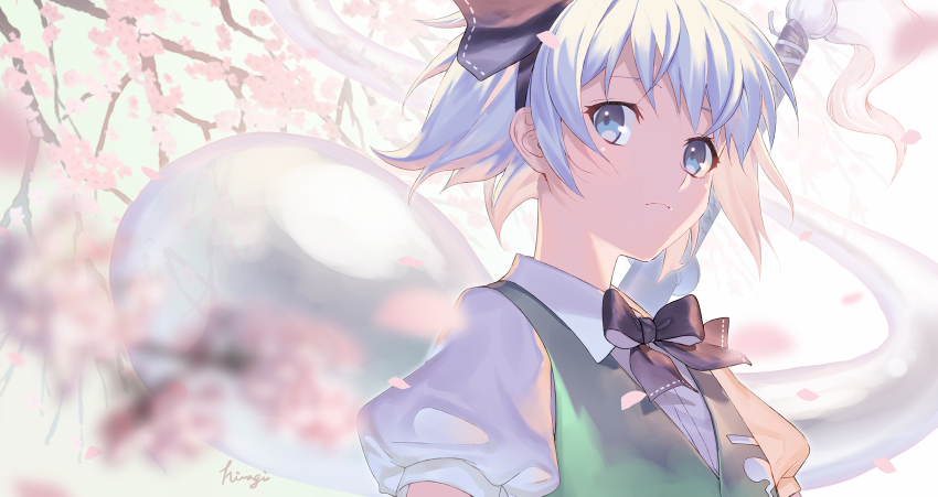 1girl black_bow black_bowtie black_hairband blue_eyes bow bowtie branch cherry_blossoms closed_mouth collared_shirt day flat_chest from_below from_side frown green_vest hair_ribbon hairband highres hiiragi_(karashriker) hitodama konpaku_youmu konpaku_youmu_(ghost) looking_at_viewer petals puffy_short_sleeves puffy_sleeves ribbon shirt short_hair short_sleeves solo touhou upper_body vest weapon white_hair white_shirt