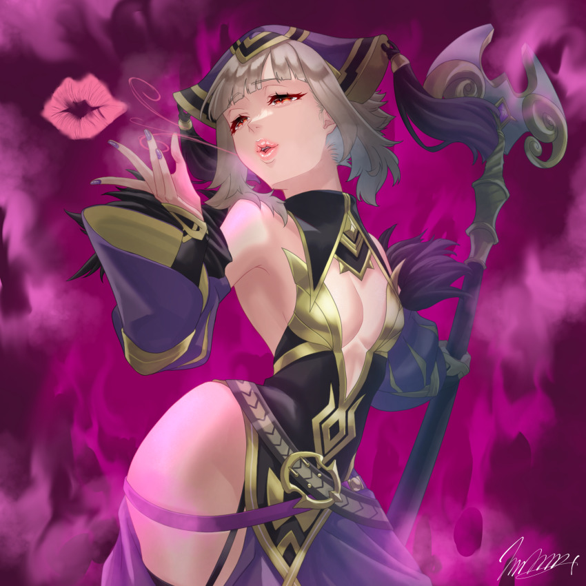 1girl alternate_costume armpits aura bare_shoulders blowing_kiss blunt_bangs breasts cleavage cleavage_cutout clothing_cutout commission cosplay dark_aura detached_sleeves fire_emblem fire_emblem_heroes grey_hair hat hat_tassel highres holding holding_staff lipstick lipstick_mark loki_(fire_emblem) loki_(fire_emblem)_(cosplay) makeup marth-chan_(micaiah_mrmm) nail_polish nintendo official_alternate_hairstyle red_eyes second-party_source short_hair short_hair_with_long_locks sidelocks signature skeb_commission small_breasts staff thigh_cutout thighs transformation veronica_(fire_emblem) veronica_(princess_rising)_(fire_emblem)