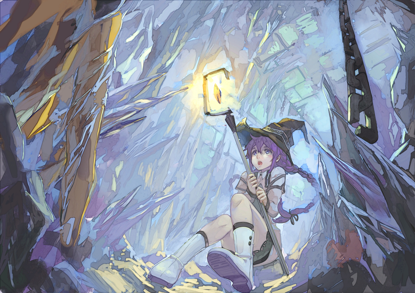 1girl bad_id bad_pixiv_id blue_eyes braid capelet cave chain female_focus hat highres light long_hair mushoku_tensei open_mouth purple_hair qb roxy_migurdia single_braid solo staff stalactite stalagmite witch_hat