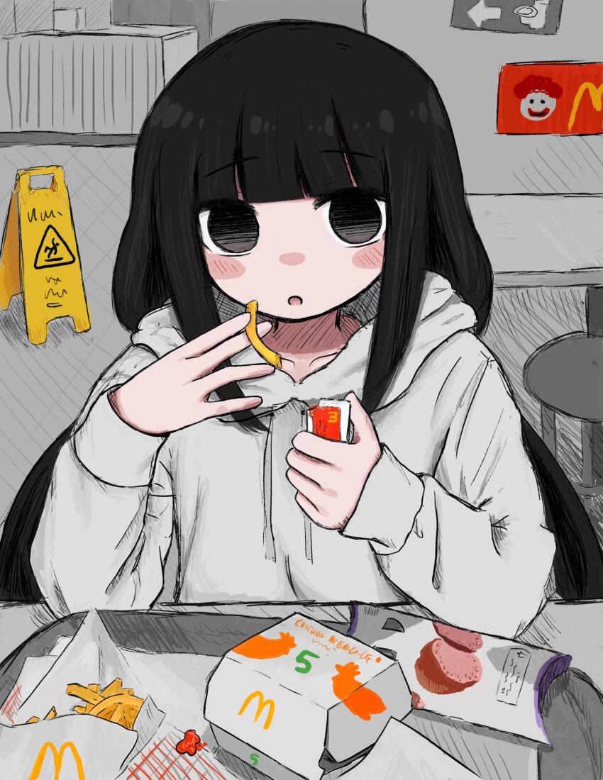 1girl between_fingers black_eyes black_hair blunt_bangs blush_stickers bubbacterial chicken_nuggets collarbone condiment_packet drawstring fast_food food french_fries gradient_eyes grey_hoodie grey_theme hands_up highres holding holding_food hood hood_down hoodie indoors ketchup long_hair long_sleeves low_twintails mcdonald&#039;s multicolored_eyes no_pupils open_mouth osage_(nukunuku_nigirimeshi) restaurant sidelocks sitting solo straight-on table twintails vocaloid wet_floor_sign