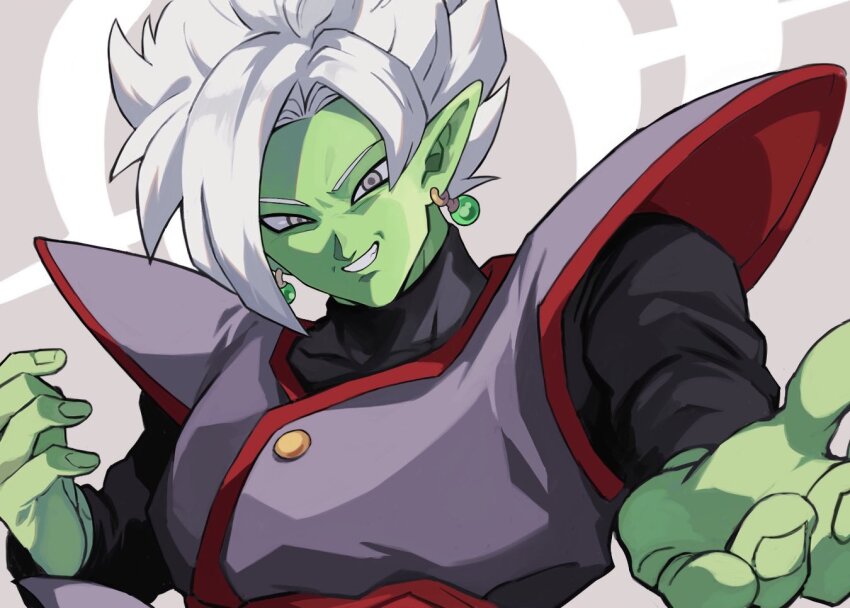 1boy black_bodysuit bodysuit colored_skin dragon_ball dragon_ball_super earrings fused_zamasu green_skin grey_eyes jewelry long_sleeves natume12izr pointy_ears potara_earrings smile solo spiked_hair white_hair