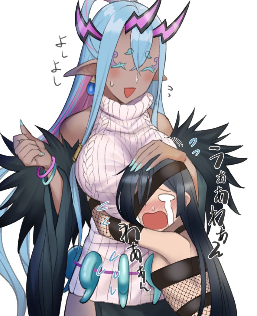 black_hair closed_eyes dark-skinned_female dark_skin earrings eyepatch fate/grand_order fate_(series) fur_trim hand_on_another&#039;s_head highres horns hug ibuki_douji_(fate) jewelry long_hair magatama mochizuki_chiyome_(fate) multicolored_hair nail_polish oni oni_horns pointy_ears sweater tears tsuchifumazu turtleneck turtleneck_sweater