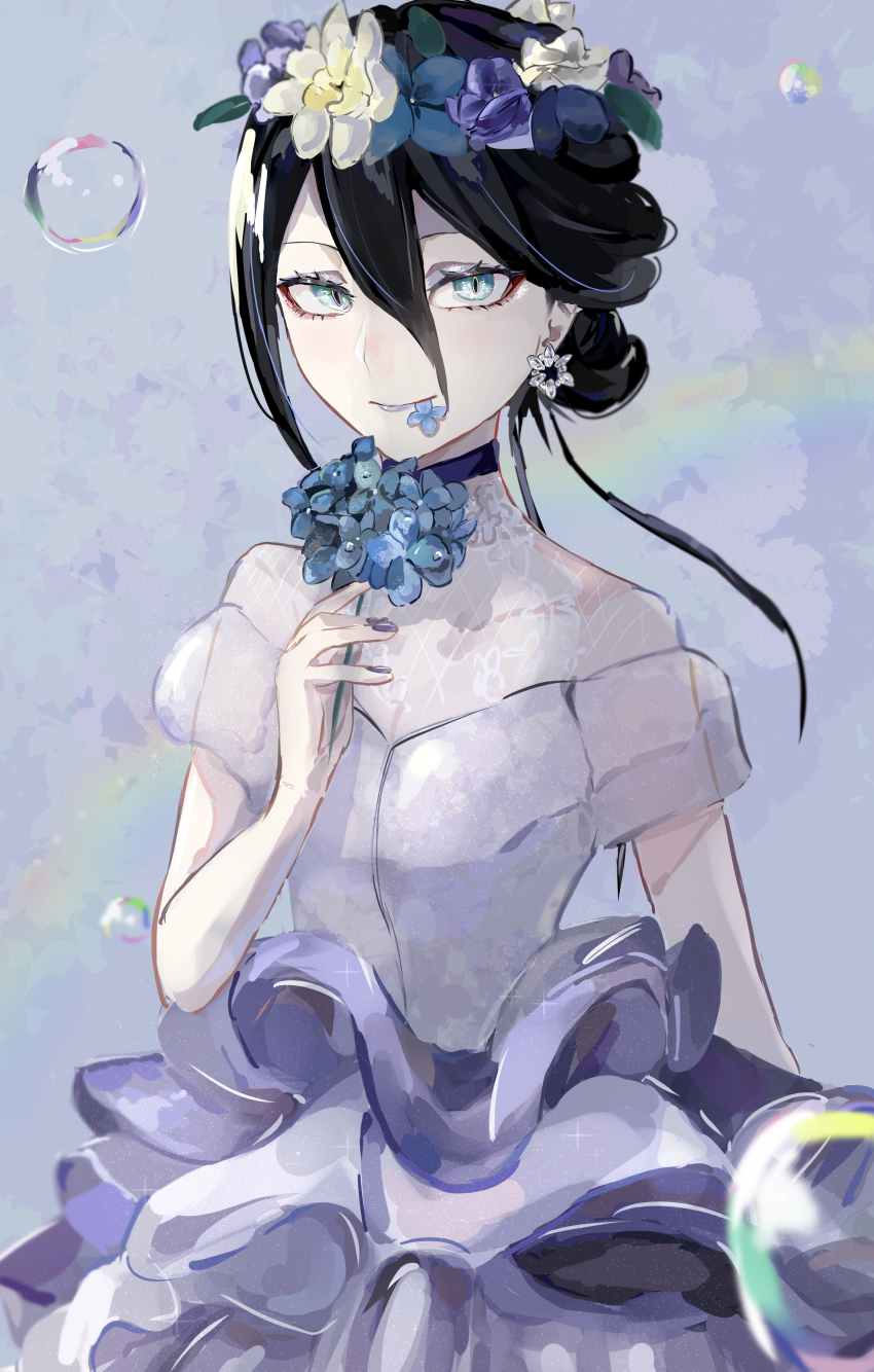 1girl absurdres aqua_eyes black_hair chainsaw_man choker dress earrings flower flower_wreath hair_between_eyes hair_bun head_wreath highres holding holding_flower jewelry looking_at_viewer purple_choker purple_dress purple_nails reze_(chainsaw_man) slit_pupils soap_bubbles solo user_tfcp4878