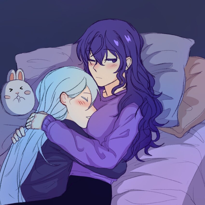 2girls arms_around_waist asahina_mafuyu blue_hair blush closed_eyes closed_mouth commentary cuddling english_commentary hands_on_another&#039;s_back highres long_hair long_sleeves multiple_girls on_bed one_eye_closed parted_lips pillow project_sekai purple_eyes purple_hair purple_shirt roukamuwah shirt stuffed_animal stuffed_rabbit stuffed_toy yoisaki_kanade yuri