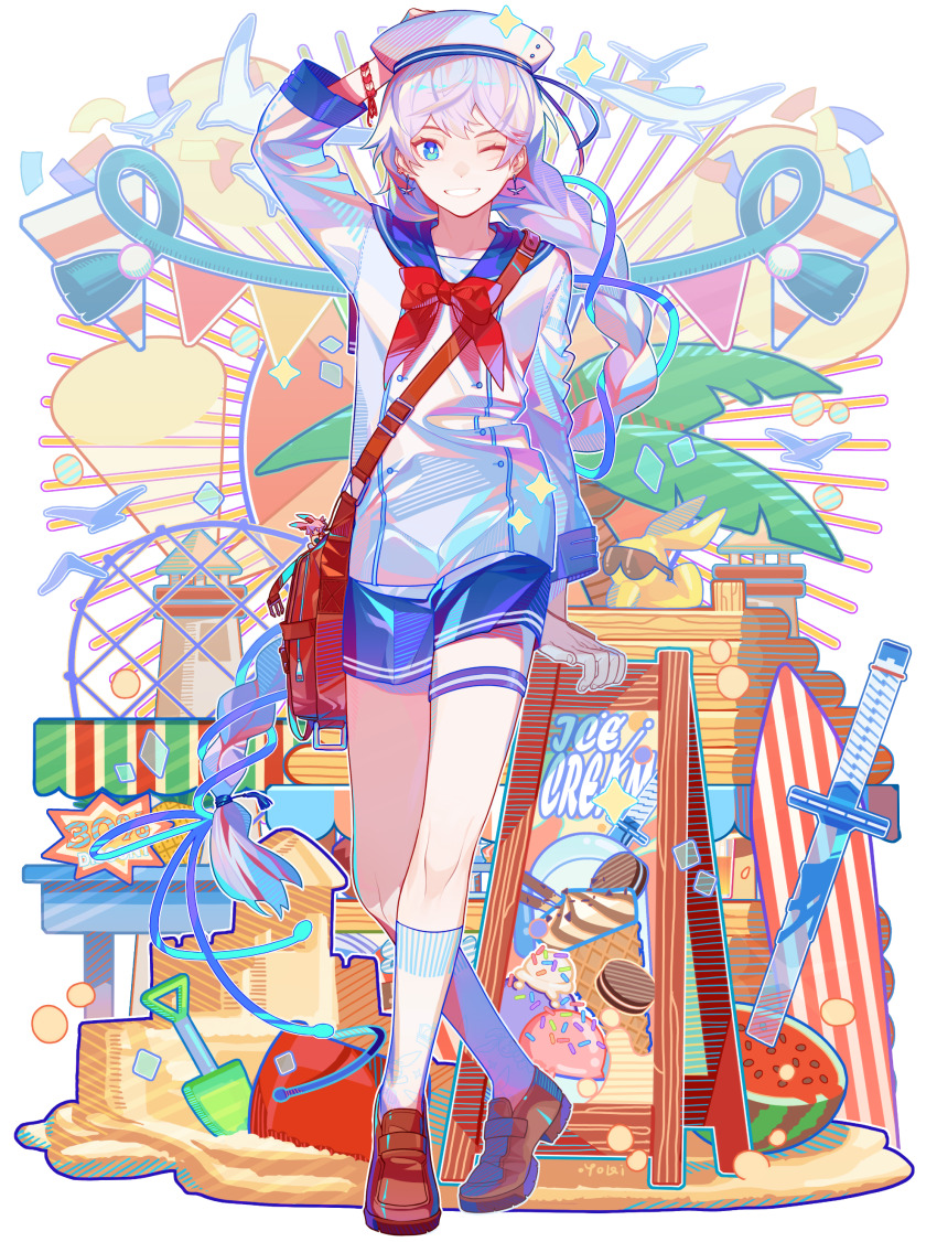 1girl absurdres bag beach blue_eyes blue_sailor_collar bow bracelet braid brown_footwear food fruit hair_between_eyes hand_on_own_head handbag hat highres honkai_(series) honkai_impact_3rd jewelry kallen_kaslana long_hair long_sleeves looking_at_viewer one_eye_closed palm_tree red_bow sailor_collar sailor_hat sailor_shirt sand_castle sand_sculpture shirt shorts shuiyaoximushi single_braid smile solo sword teeth tree watermelon weapon white_background white_hair