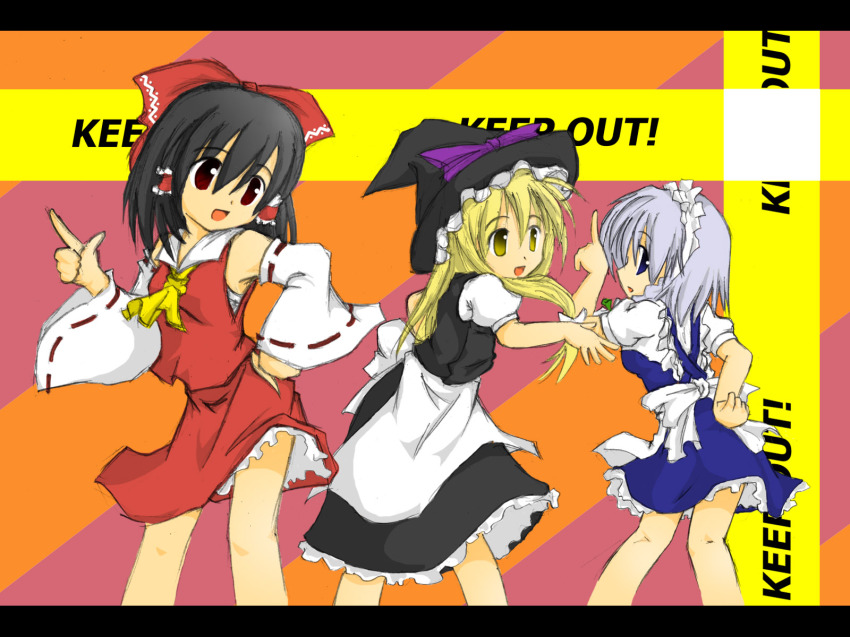 3girls blonde_hair broccoli_(company) caution_tape cherry_ice cherry_pie dancing female_focus ga_rune_pose galaxy_angel galaxy_angel_rune hakurei_reimu hat highres izayoi_sakuya japanese_clothes keep_out kirisame_marisa maid miko multiple_girls parody pencilworks pie touhou witch witch_hat