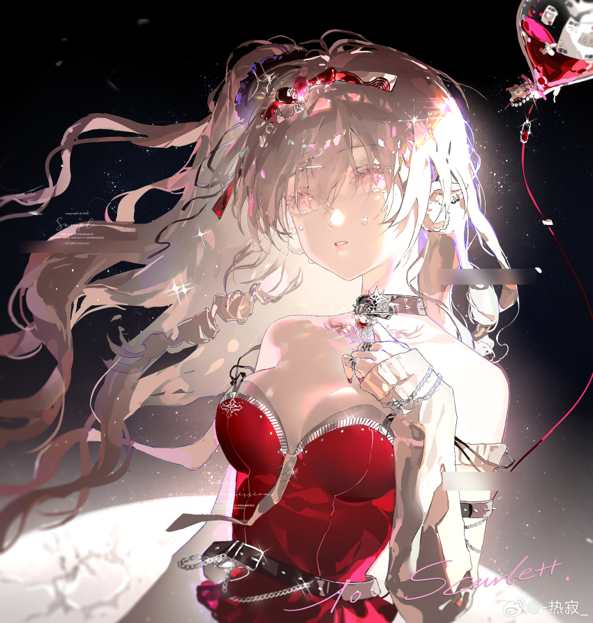 1girl absurdres bare_shoulders black_background bow bowtie choker dress hair_between_eyes highres long_hair original pink_eyes pink_hair red_bow red_bowtie red_dress reji_(weibo_6496333450) white_hair