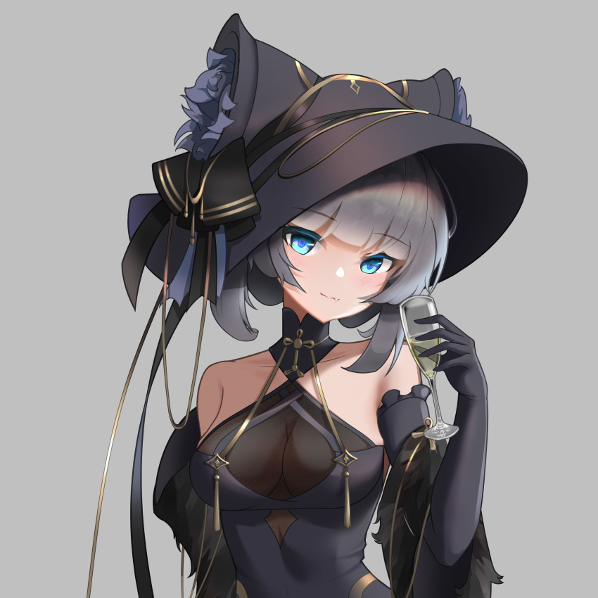 1girl absurdres animal_ears azur_lane bare_shoulders black_dress black_gloves black_headwear blue_eyes breasts champagne_flute cheshire_(azur_lane) cheshire_(cait_sith_crooner)_(azur_lane) china_dress chinese_clothes cleavage cleavage_cutout clothing_cutout cup dress drinking_glass elbow_gloves fake_animal_ears fang feather_boa fedora flower gloves grey_background grey_hair hat hat_flower highres large_breasts long_hair looking_at_viewer medium_breasts official_alternate_costume see-through_clothes see-through_cleavage simple_background sleeveless sleeveless_dress upper_body yibanmaotou