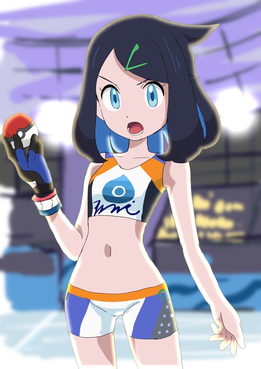 1girl black_hair blue_eyes blue_hair cosplay creatures_(company) crop_top dynamax_band game_freak gloves hainchu hair_ornament hairclip highres holding holding_poke_ball liko_(pokemon) long_hair looking_at_viewer midriff multicolored_hair navel nessa_(pokemon) nessa_(pokemon)_(cosplay) nintendo open_mouth poke_ball poke_ball_(basic) pokemon pokemon_(anime) pokemon_horizons pokemon_swsh shorts single_glove solo