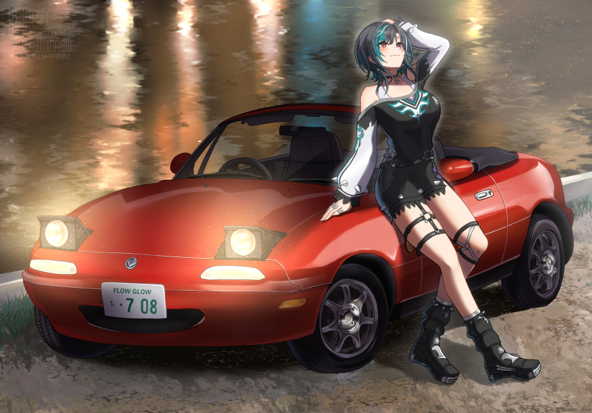 1girl aqua_hair asymmetrical_bangs belt black_choker black_dress black_footwear black_hair black_hat boots breasts car choker denim denim_shorts dress earrings eunos_roadster floating_earring full_body garter_straps hand_on_own_head hat highres hololive hololive_dev_is jewelry knee_strap leaning_against_vehicle leaning_on_object leg_warmers looking_up loose_socks mazda mazda_mx-5 mazda_mx-5_na medium_hair motor_vehicle multicolored_hair multiple_rings night o-ring o-ring_belt o-ring_garter_belt o-ring_thigh_strap off_shoulder pendant_choker red_car rindo_chihaya ring short_dress shorts single_garter_strap socks solo spiked_dress spiked_footwear spiked_sleeves sports_car suzuori_fika tank_top thigh_strap virtual_youtuber white_streaks white_tank_top wrench