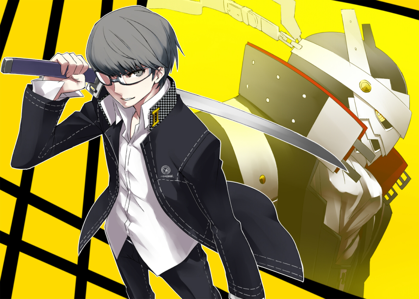 1boy atlus chan_co glasses grey_eyes grey_hair grin houndstooth izanagi_(persona_4) jacket katana male_focus narukami_yuu persona persona_4 school_uniform short_hair smile smirk solo standing sword weapon