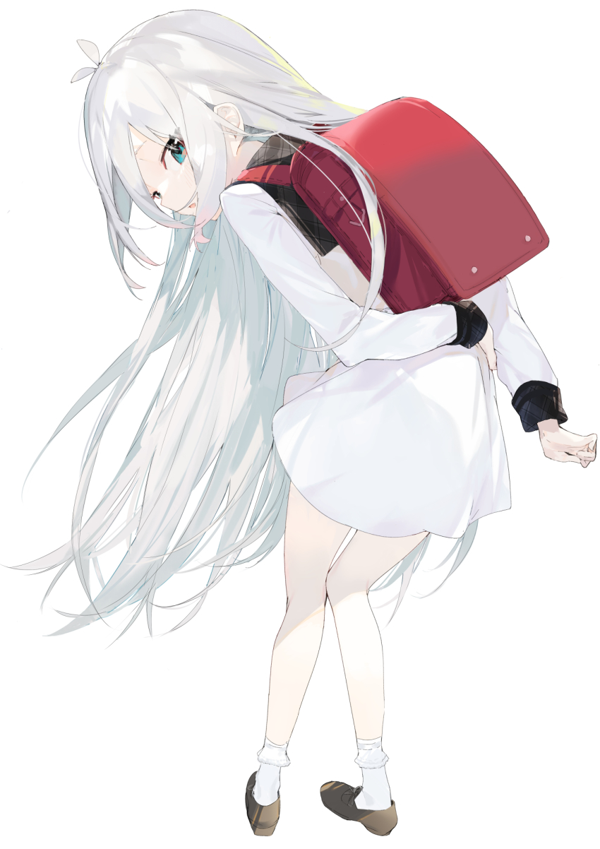 aida_(chinhung0612) bag dress highres kokkoro_(princess_connect!) kokkoro_(real)_(princess_connect!) long_hair looking_back open_mouth princess_connect! school_bag shoes simple_background solo very_long_hair white_background white_dress white_hair white_legwear