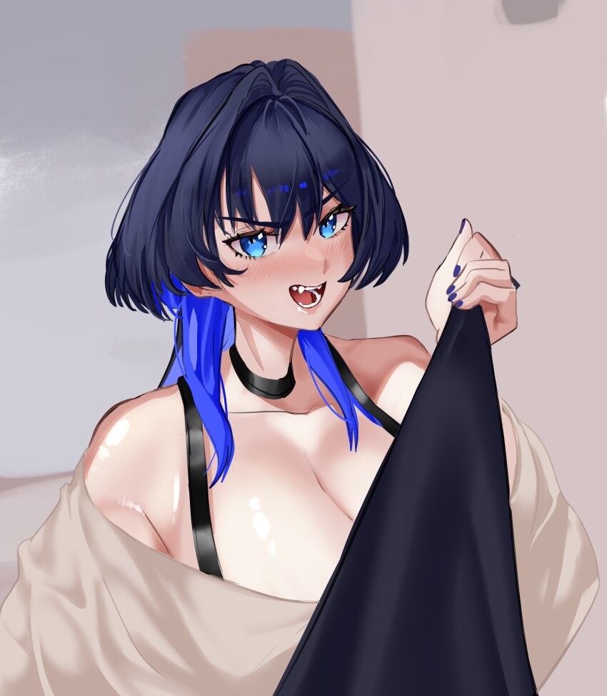 1girl absurdres black_choker black_hair black_necktie blue_eyes blue_hair blue_nails breasts choker cleavage hair_intakes highres holding_necktie hololive hololive_english huge_breasts koizumi_arata long_hair looking_at_viewer multicolored_hair necktie open_mouth ouro_kronii solo teeth two-tone_hair virtual_youtuber