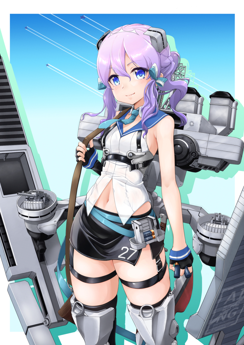 1girl aqua_belt aqua_necktie black_gloves black_skirt blue_eyes breasts fingerless_gloves flight_deck gloves hair_ribbon headgear high_side_ponytail highres holding holding_shell kantai_collection kyou_(tr-6) langley_(kancolle) long_hair medium_hair miniskirt navel necktie pencil_skirt pump_action purple_hair ribbon rigging shell shirt skirt sleeveless sleeveless_shirt small_breasts smokestack