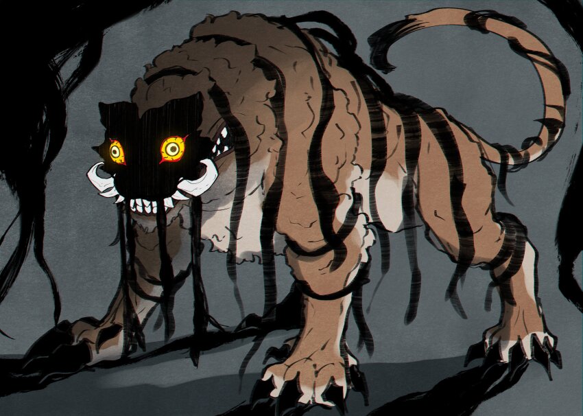 absurdres animal_focus claws clenched_teeth colored_sclera constricted_pupils dream_tiger_(govy9807) full_body glowing glowing_eyes grey_background gwaeji highres monster no_humans original sharp_teeth simple_background solo teeth tiger tusks white_eyes wide_mouth yellow_sclera