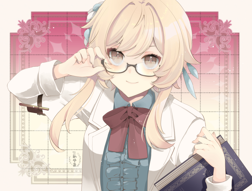 1girl adjusting_eyewear arm_pouch artist_name bespectacled black-framed_eyewear blonde_hair blue_shirt book bow bowtie brown_eyes commentary_request flower genshin_impact glasses hair_flower hair_ornament hand_up highres holding holding_book komesiwo_syumi lab_coat light_blush looking_at_viewer lumine_(genshin_impact) lumine_(marechaussee_hunter)_(genshin_impact) red_bow red_bowtie semi-rimless_eyewear shirt short_hair_with_long_locks smile solo twitter_username upper_body