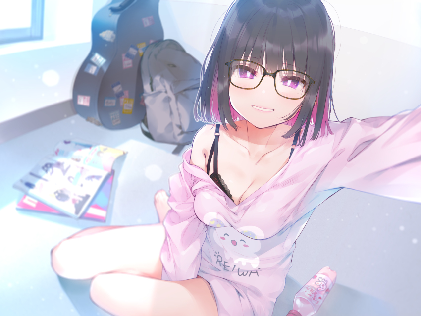 1girl :d absurdres backpack bag bare_legs bare_shoulders barefoot between_legs black-framed_eyewear black_bra black_hair blunt_bangs blurry blush bottle bra breasts bright_pupils cleavage clothes_writing collarbone day depth_of_field fuzuki_fuuro glasses grin guitar_case halterneck hand_between_legs highres hood hood_down hoodie indoors instrument_case lace lace-trimmed_bra lace_trim long_sleeves looking_at_viewer magazine_(object) medium_breasts mole mole_under_eye multicolored_hair non-web_source off_shoulder open_mouth original outstretched_arm parted_lips pink_hair pink_lips pink_shirt purple_eyes purple_hair reaching reaching_towards_viewer selfie shirt short_hair sitting smile solo teeth thighs two-tone_hair underwear window yokozuwari