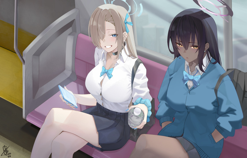 2girls absurdres asuna_(blue_archive) black_hair blonde_hair blue_archive blue_cardigan blue_eyes blue_nails bottle bra_visible_through_clothes breasts cardigan cellphone crossed_legs dark-skinned_female dark_skin hair_over_one_eye halo hands_in_pockets highres karin_(blue_archive) large_breasts long_hair multiple_girls nail_polish phone pleated_skirt scrunchie shirt signature sitting skirt smartphone tamiji water_bottle white_shirt wrist_scrunchie yellow_eyes