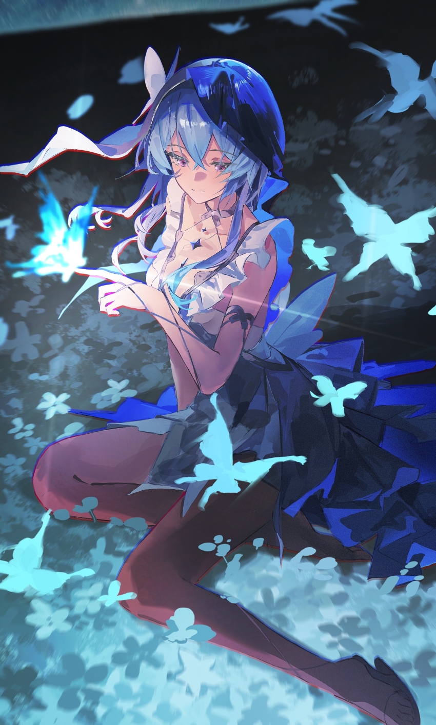 1girl absurdres armlet bare_legs blue_butterfly blue_hair blue_veil breasts bug butterfly butterfly_on_hand chinese_commentary closed_mouth colored_eyelashes commentary_request dress hair_between_eyes highres insect jewelry legs medium_breasts medium_hair purple_eyes shorekeeper_(wuthering_waves) shuxiuxiao31244 sitting sleeveless sleeveless_dress smile solo two-tone_veil veil white_dress white_veil wuthering_waves yokozuwari