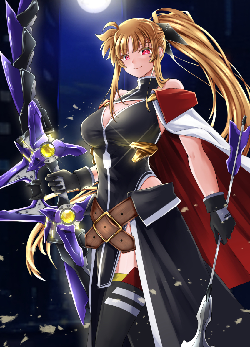 1girl black_gloves black_thighhighs blonde_hair bow_(weapon) breasts cleavage closed_mouth commentary_request fate_testarossa gloves highres holding holding_bow_(weapon) holding_weapon large_breasts long_hair looking_at_viewer lyrical_nanoha mahou_shoujo_lyrical_nanoha_strikers ponytail red_eyes smile solo sougetsu_izuki thighhighs weapon