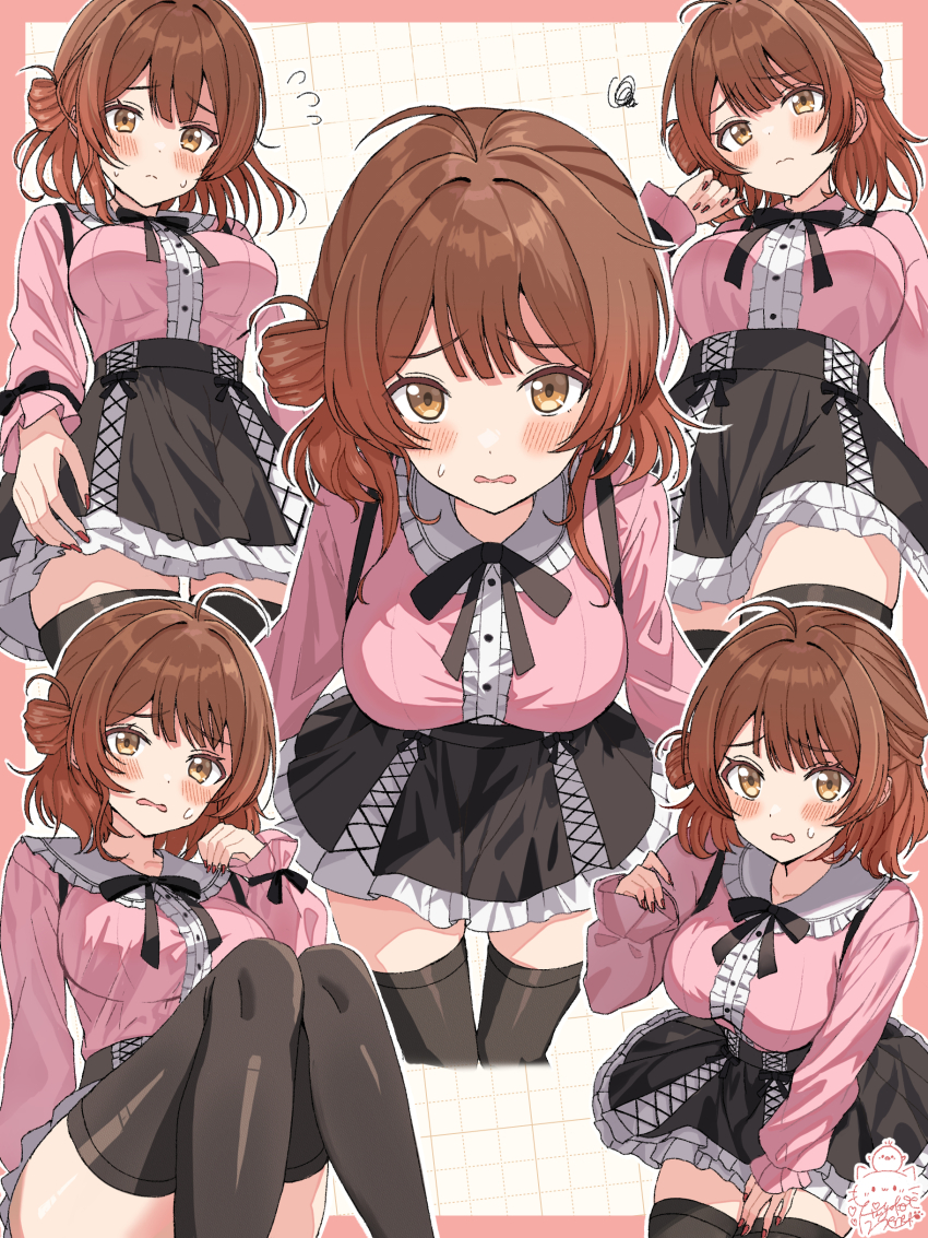 1girl absurdres ahoge alternate_costume black_ribbon black_skirt black_thighhighs blush border breasts brown_hair center_frills commentary_request cross-laced_clothes cross-laced_skirt flying_sweatdrops frills gakuen_idolmaster gradient_hair grid_background hair_bun hanami_ume highres hiyoko_neneko idolmaster jirai_kei long_sleeves looking_at_viewer medium_breasts multicolored_hair multiple_views neck_ribbon orange_hair outline pink_border pink_shirt ribbon shirt shirt_tucked_in single_side_bun skirt squiggle sweatdrop thighhighs white_outline