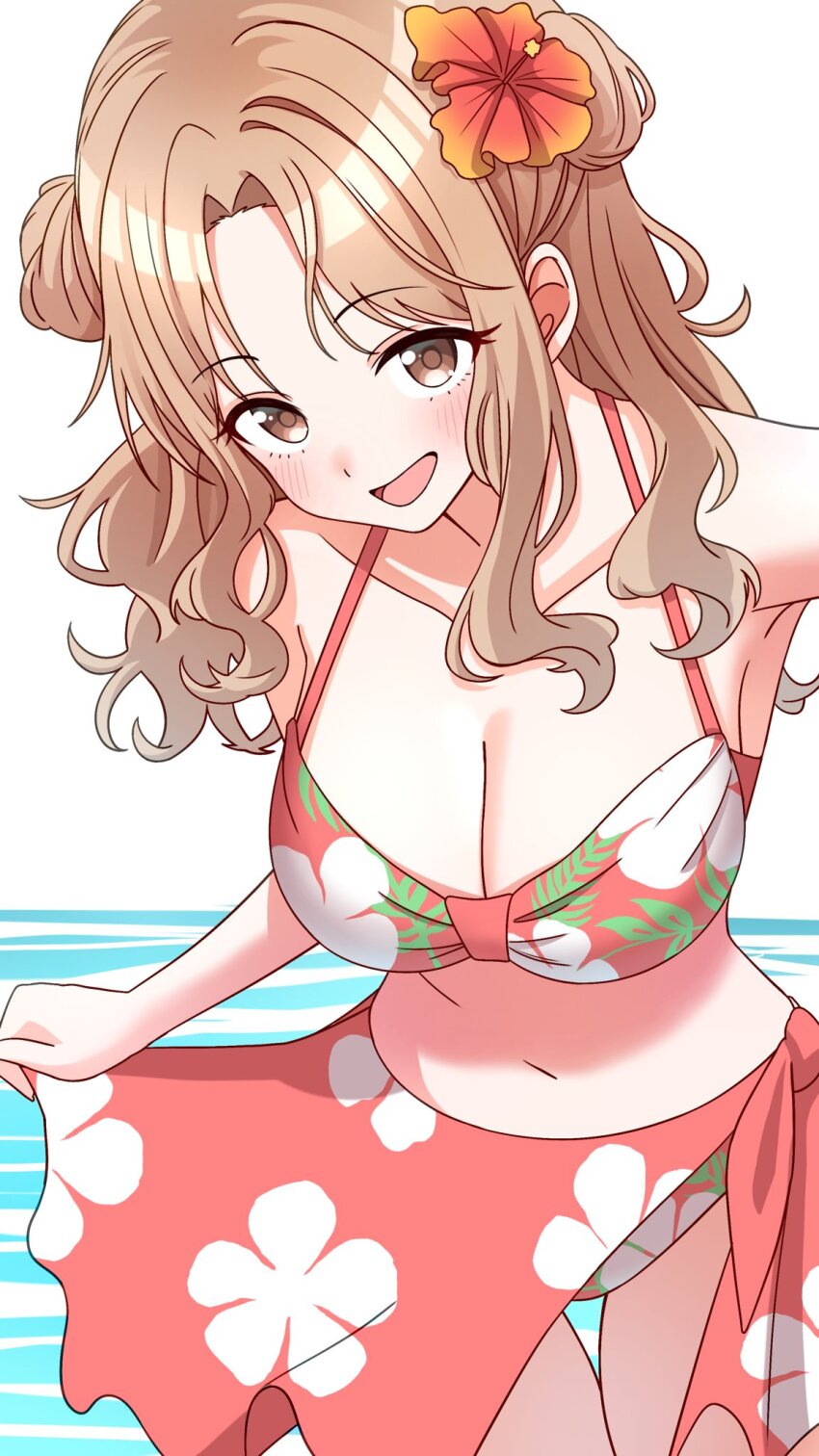 1girl bikini breasts brown_eyes brown_hair cleavage collarbone double_bun flower hair_bun hair_flower hair_ornament hibiscus highres ichikawa_hinana idolmaster idolmaster_shiny_colors large_breasts long_hair looking_at_viewer navel niban_(puka_0507) open_mouth red_bikini red_sarong sarong smile solo swimsuit