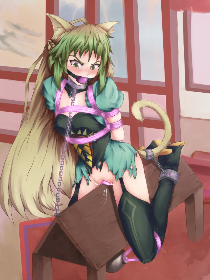 1girl animal_ears atalanta_(fate) ball_gag bdsm blonde_hair blush bondage bound dress fate/grand_order fate_(series) female_focus gag gagged green_eyes green_hair highres kagyakusetsu long_hair multicolored_hair pussy solo tail torn_clothes wooden_horse