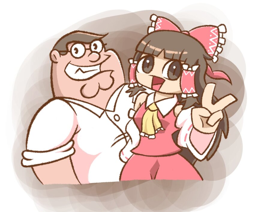 1boy 1girl ascot bow brown_eyes brown_hair cleft_chin crossover detached_sleeves family_guy frilled_bow frilled_hair_tubes frills glasses grin hair_bow hair_tubes hakurei_reimu highres linnyuwu looking_at_viewer open_mouth peter_griffin red_bow red_shirt red_skirt round_eyewear shirt skirt smile teeth touhou v white_shirt yellow_ascot