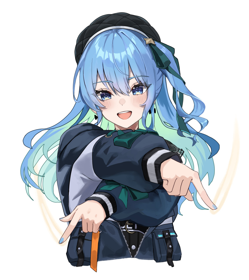 1girl :d absurdres beret bibbidiba_(hololive) black_hat black_jacket blue_eyes blue_hair blue_nails commentary cropped_torso fingernails gary_huang green_ribbon hair_ribbon hat highres hololive hoshimachi_suisei hoshimachi_suisei_(casual) jacket light_blush long_hair long_sleeves looking_at_viewer one_side_up open_mouth ribbon romaji_commentary simple_background smile solo virtual_youtuber white_background