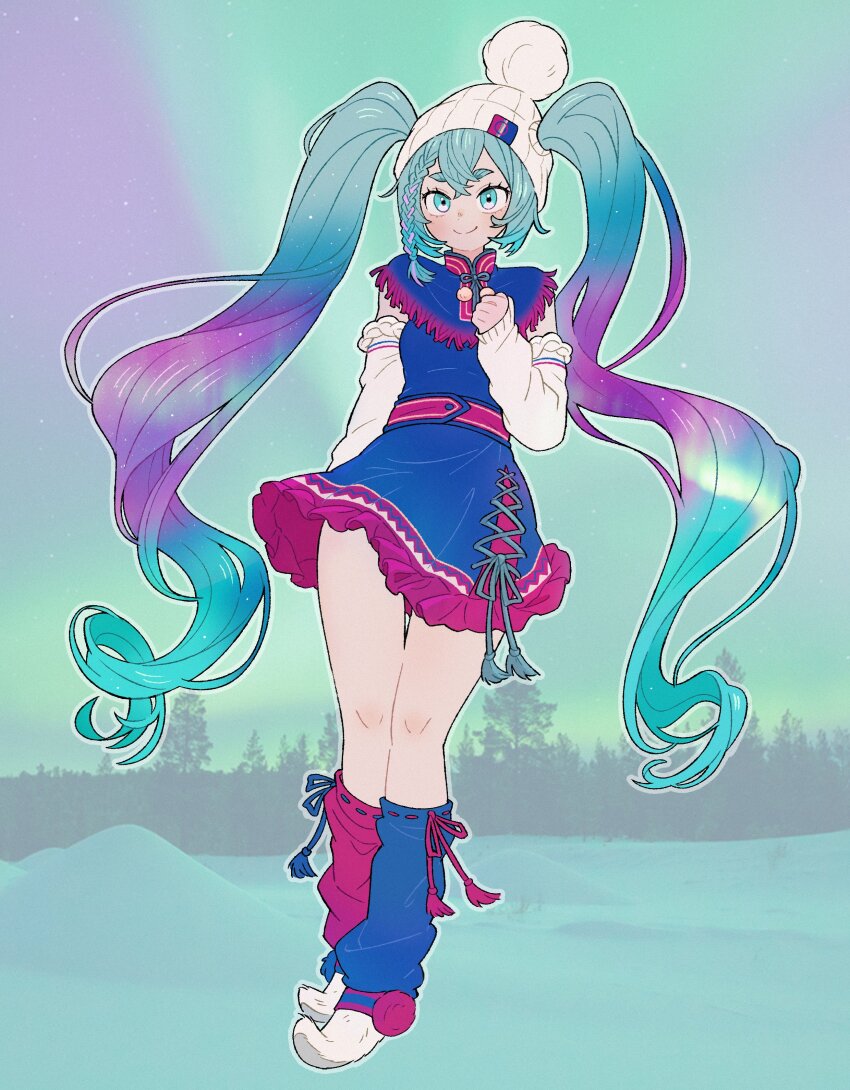 1girl absurdres alternate_costume aurora beanie blue_dress blue_eyes blue_hair blue_leg_warmers braid clenched_hand detached_sleeves doodlelotl dress full_body hand_on_own_chest hand_up hat hatsune_miku highres leg_warmers long_hair long_sleeves looking_at_viewer multicolored_hair multicolored_socks pointy_footwear pom_pom_(clothes) pom_pom_beanie purple_hair red_leg_warmers sami_clothes short_dress short_eyebrows side_braid single_braid sleeveless sleeveless_dress smile socks standing tassel very_long_hair vocaloid white_hat white_sleeves