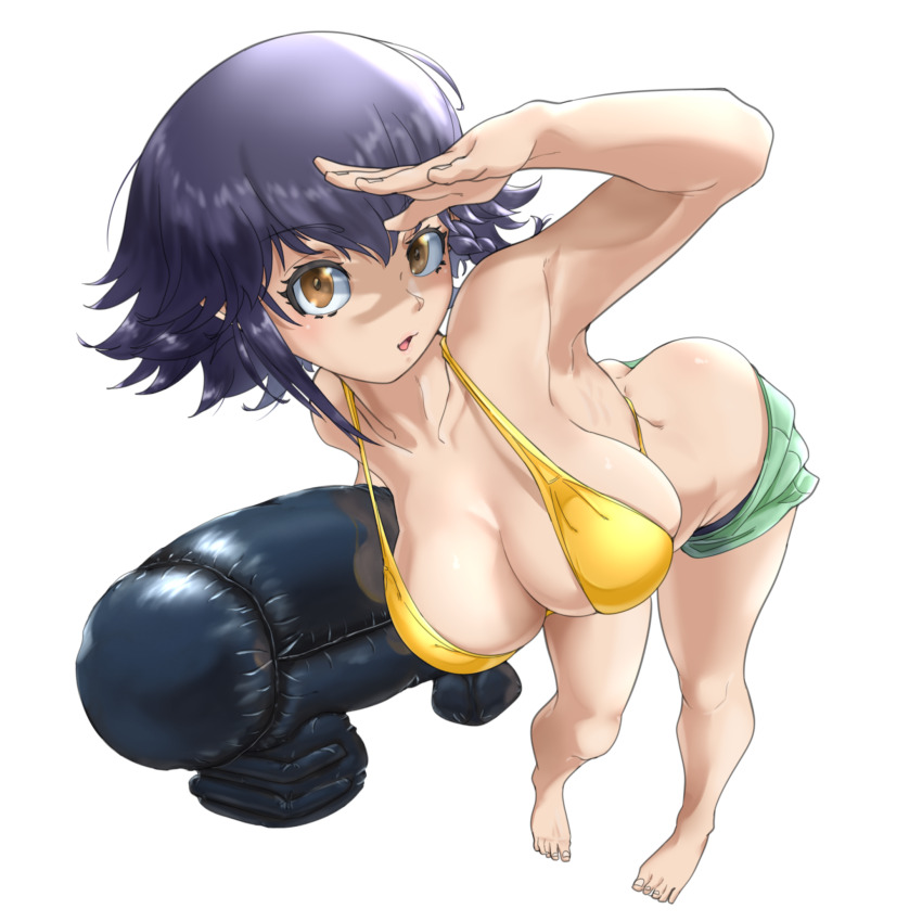 1girl arm_up armpits bent_over bikini bikini_shorts bikini_top_only black_hair breasts cleavage girls_und_panzer green_shorts highres holding huaronanago large_breasts looking_at_viewer open_mouth pepperoni_(girls_und_panzer) short_hair short_shorts shorts simple_background solo swimsuit white_background yellow_eyes